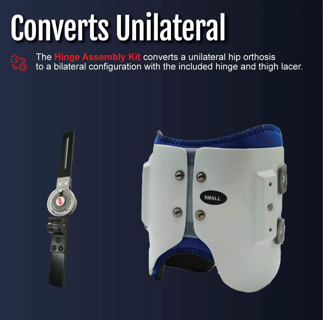 White and navy small-size hip orthosis brace with metal hinge assembly, made in the USA, RCAI, best orthopedic braces for.