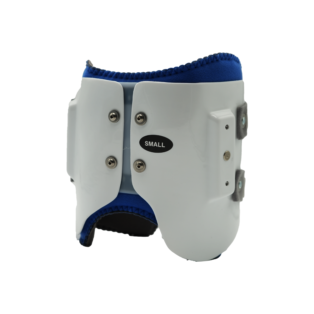 White small hinge assembly kit with blue padded interior, metal rivets, and adjustable gray straps, made in the USA, B2B.