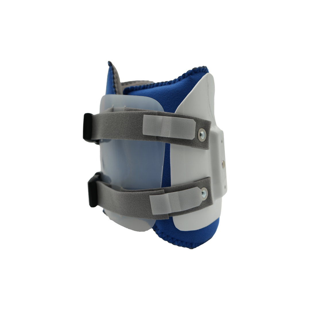 Orthopedic hinge assembly brace in blue and white with adjustable gray straps, made in the USA, featuring durable RCIA.