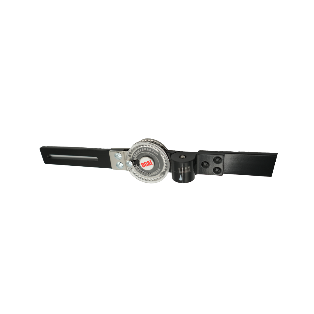 Hinge assembly kit with black metal arms and silver circular dial marked RCAI, made in the USA, for b2b orthopedics.