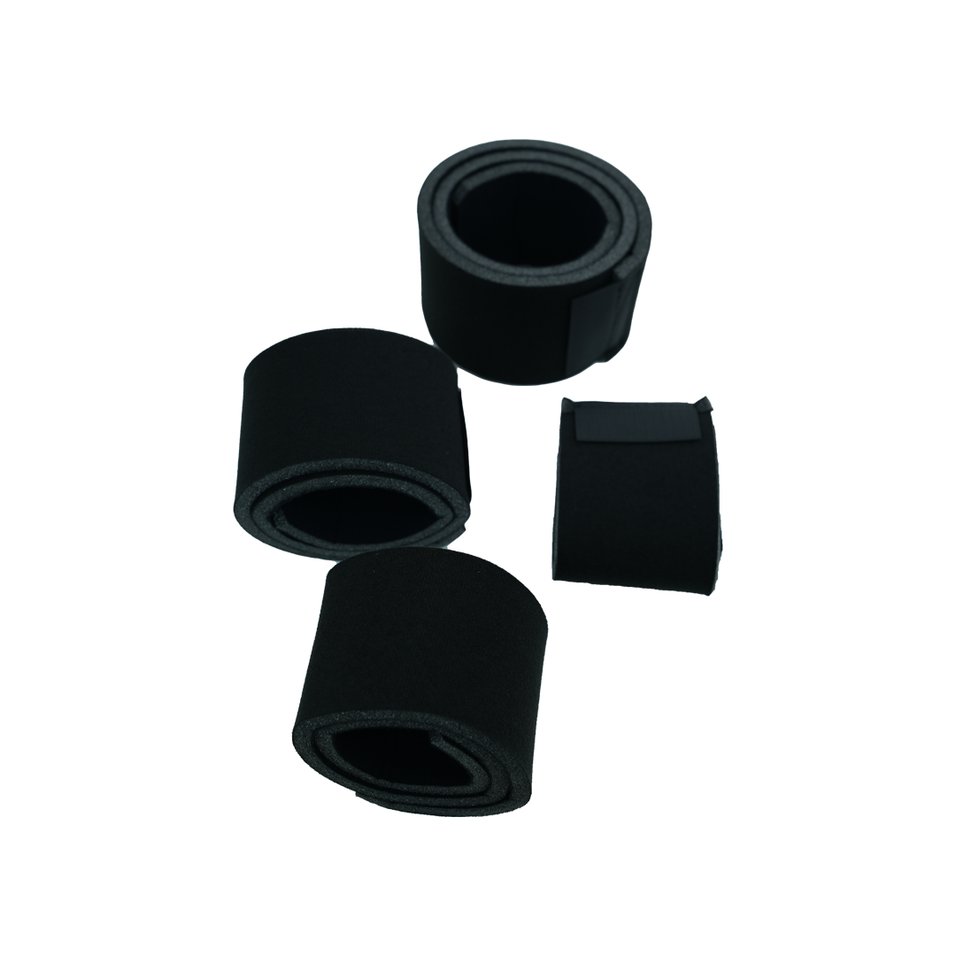 Set of four black Post Operative Pin knee brace accessory straps, roll and folded styles, made in the USA, RCAI, ideal for.