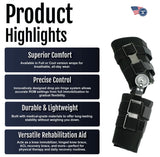 Black Post Operative Pin® knee brace with adjustable straps, emphasizing durable, lightweight design and precise control,.