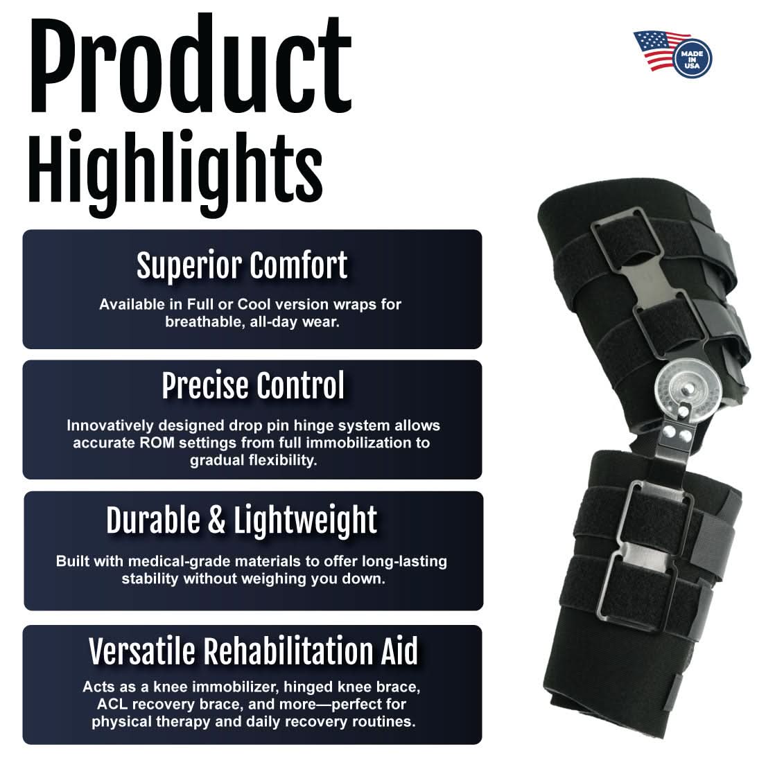 Black Post Operative Pin® knee brace with adjustable straps, emphasizing durable, lightweight design and precise control,.