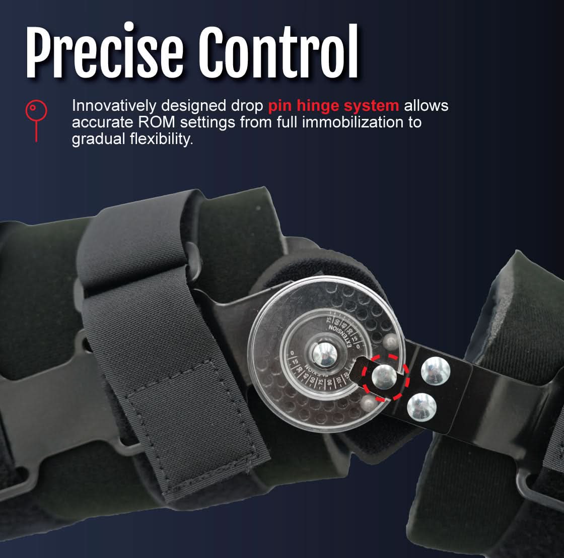 Black Post Operative Pin® knee brace with adjustable drop pin system and metal dial, made in the USA, best orthopedic.