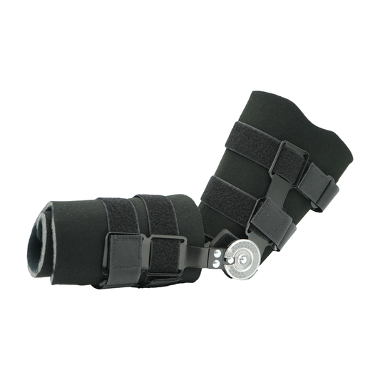 Black Post Operative Pin knee brace with adjustable straps and metal hinge, made in the USA, best orthopedic braces for B2B.