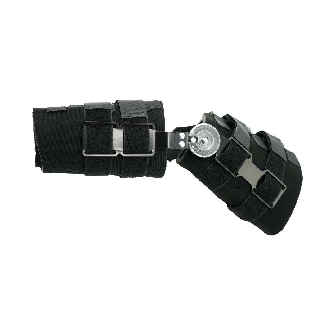Black Post Operative Pin® knee brace with adjustable straps and metal hinge, precise recovery support, made in the USA, best .