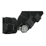 Black Post Operative Pin® knee brace with adjustable metal hinge and multiple Velcro straps, made in the USA, RCAI, B2B.
