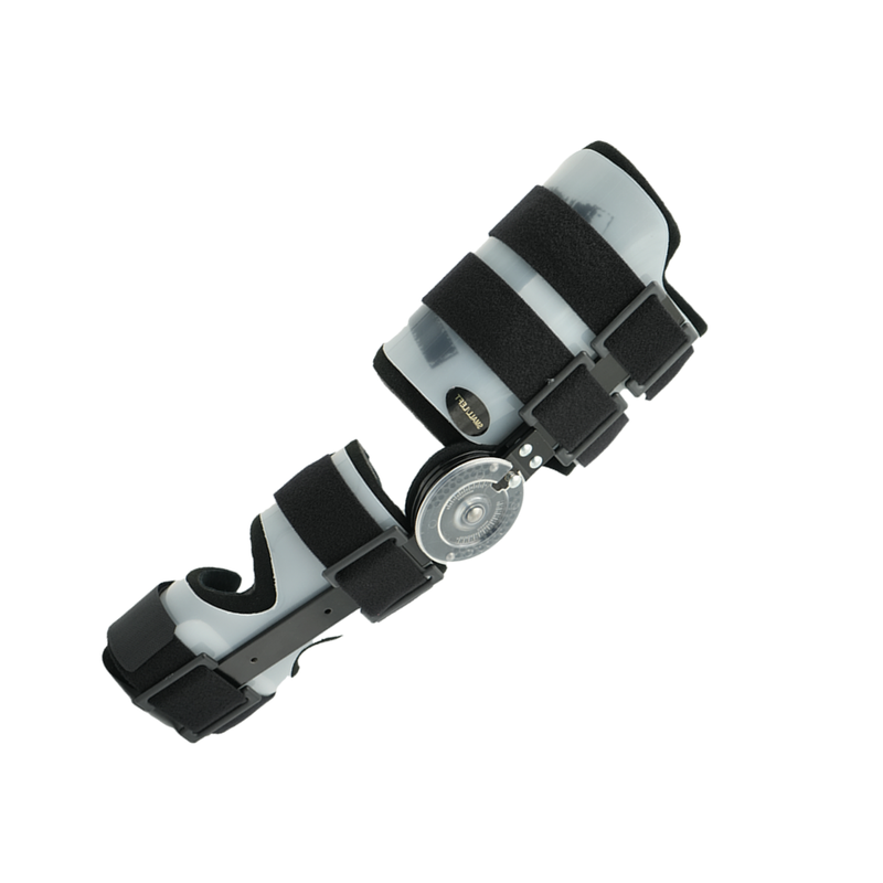 Adjustable post-operative arm brace in black and gray with metal hinge, velcro straps, labeled RCAI, made in the USA,.