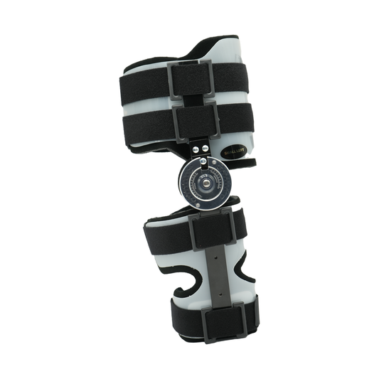 Black and gray Post Operative Pin (POP) arm brace with adjustable velcro straps and hinge, RCAI made in the USA, best.