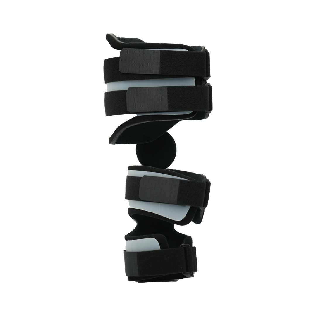 Black and gray adjustable Post Operative Pin (POP) arm brace with multiple padded straps and hinge, made in the USA by RCAI, .