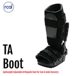 Black adjustable orthopedic TA boot with padded interior, multiple Velcro straps, rigid side supports, marked with RCAI.