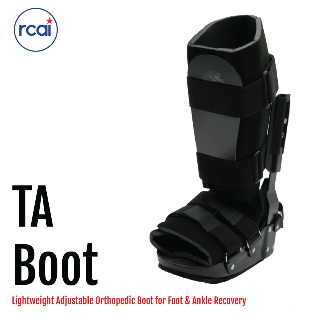 Black adjustable orthopedic TA boot with padded interior, multiple Velcro straps, rigid side supports, marked with RCAI.