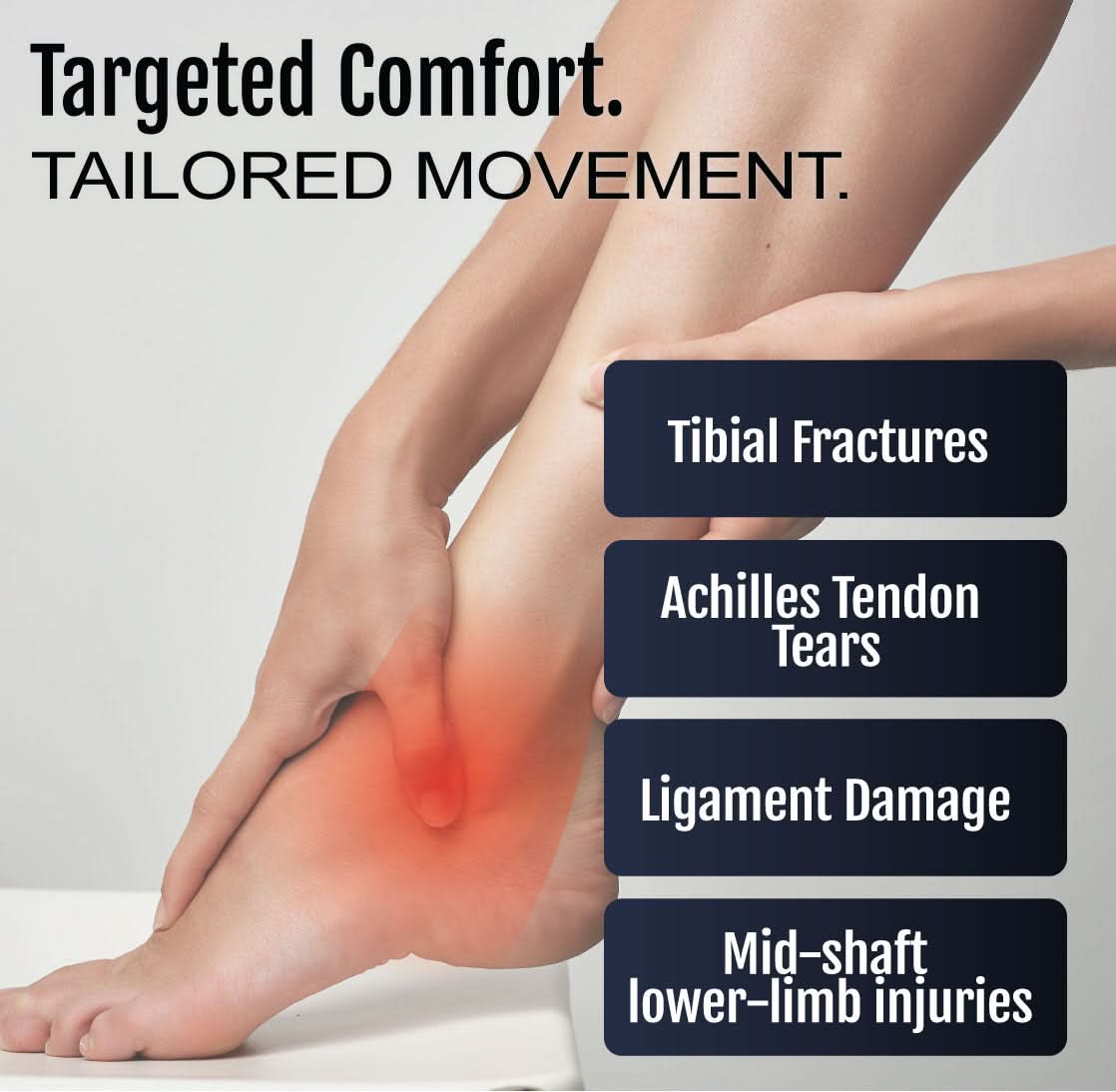 Close-up of a foot with red highlight on ankle area, illustrating pain points for tibial fractures, Achilles tendon tears,.