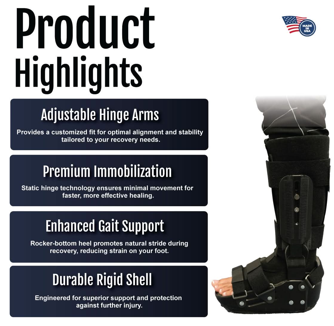 Black RCAI TA Boot with adjustable hinge arms and durable rigid shell, designed for enhanced gait support, made in the USA,.