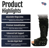 Black lightweight RCAI TA Boot with adjustable hinge arms, durable rigid shell, and rocker-bottom sole for enhanced gait.