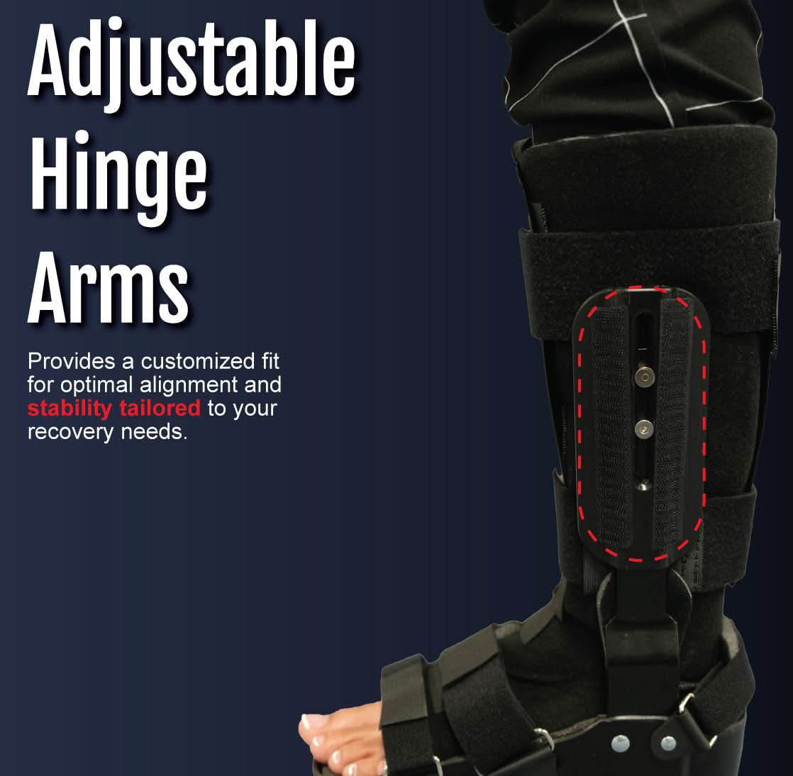 Close-up of RCAI TA Boot on leg showing adjustable hinge arms with red stitching and black straps, made in the USA, best.