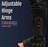 Black RCAI TA Boot with adjustable hinge arms featuring red stitching, showcasing customizable fit for foot and ankle.