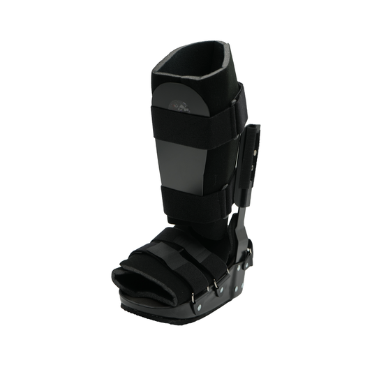 Black and gray lightweight orthopedic recovery boot with adjustable black straps, rigid sole, and partial foam lining, made.