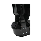 Close-up of black RCAI TA Boot ankle brace with sturdy metal hinges and adjustable Velcro straps, showcasing durable.