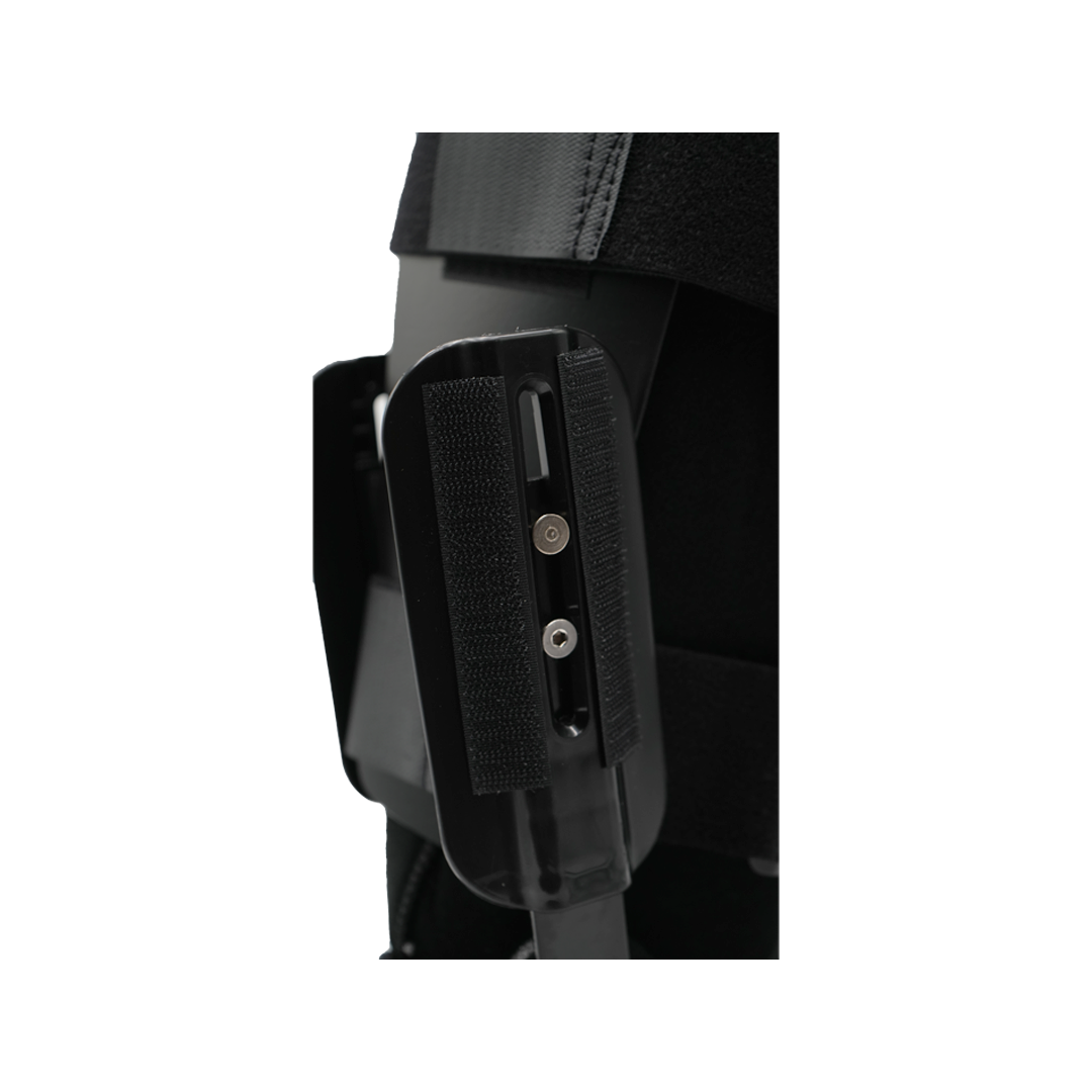 Close-up of black RCAI TA Boot's adjustable black Velcro strap with metal hardware, made in the USA, best orthopedic braces.