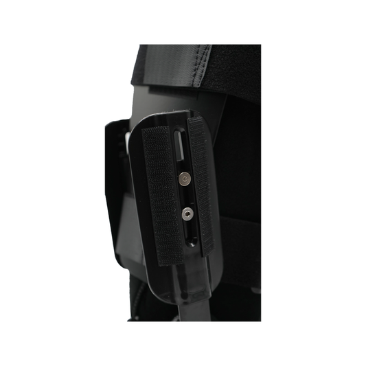 Close-up of black RCAI TA Boot's adjustable black Velcro strap with metal hardware, made in the USA, best orthopedic braces.