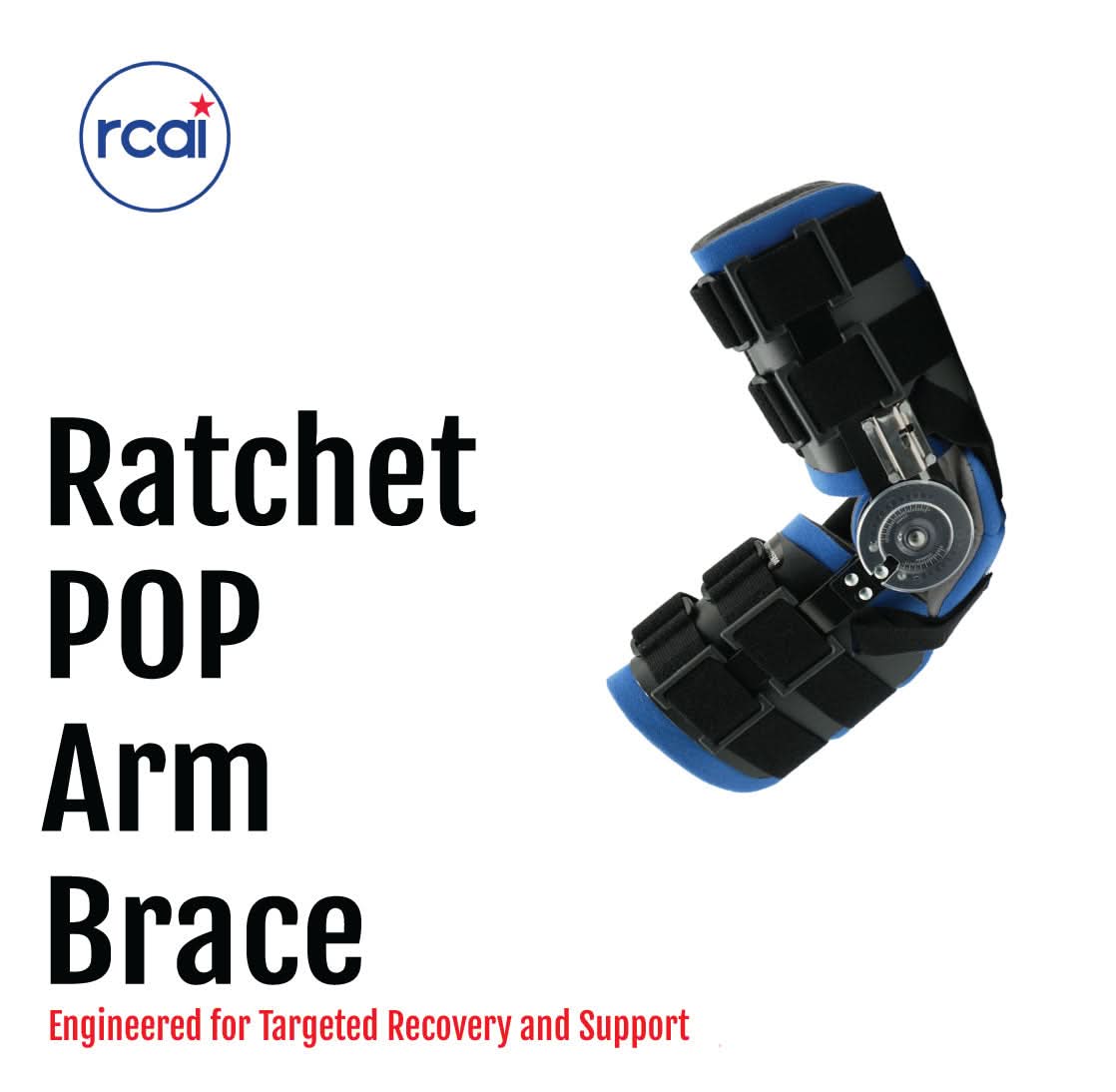 Black and blue Ratchet POP Arm Brace with adjustable straps and metal hinge, made in the USA by RCAI, best orthopedic brace.