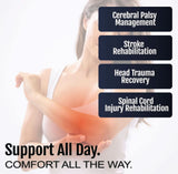 White ratchet POP arm brace by RCAI on bent right arm, designed for post-surgery support, suitable for cerebral palsy,.
