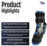 Black and blue Ratchet POP Arm Brace with adjustable straps and durable metal frame, made in the USA, featuring RCAI.
