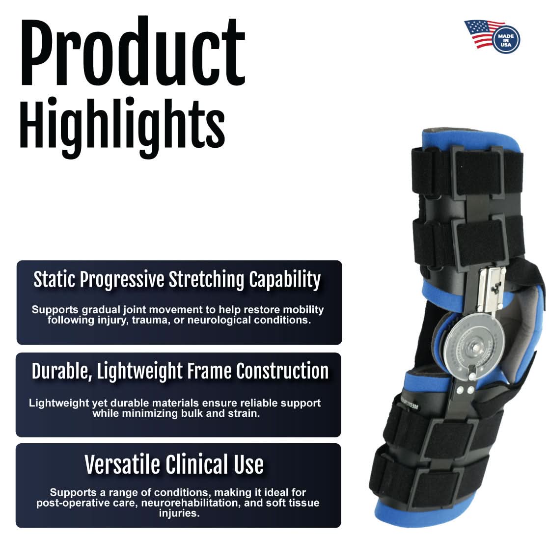 Black and blue Ratchet POP Arm Brace with adjustable straps and durable metal frame, made in the USA, featuring RCAI.
