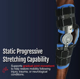 Black and blue Ratchet POP Arm Brace by RCAI on bent arm, featuring adjustable metal hinges and multiple secure straps, made .
