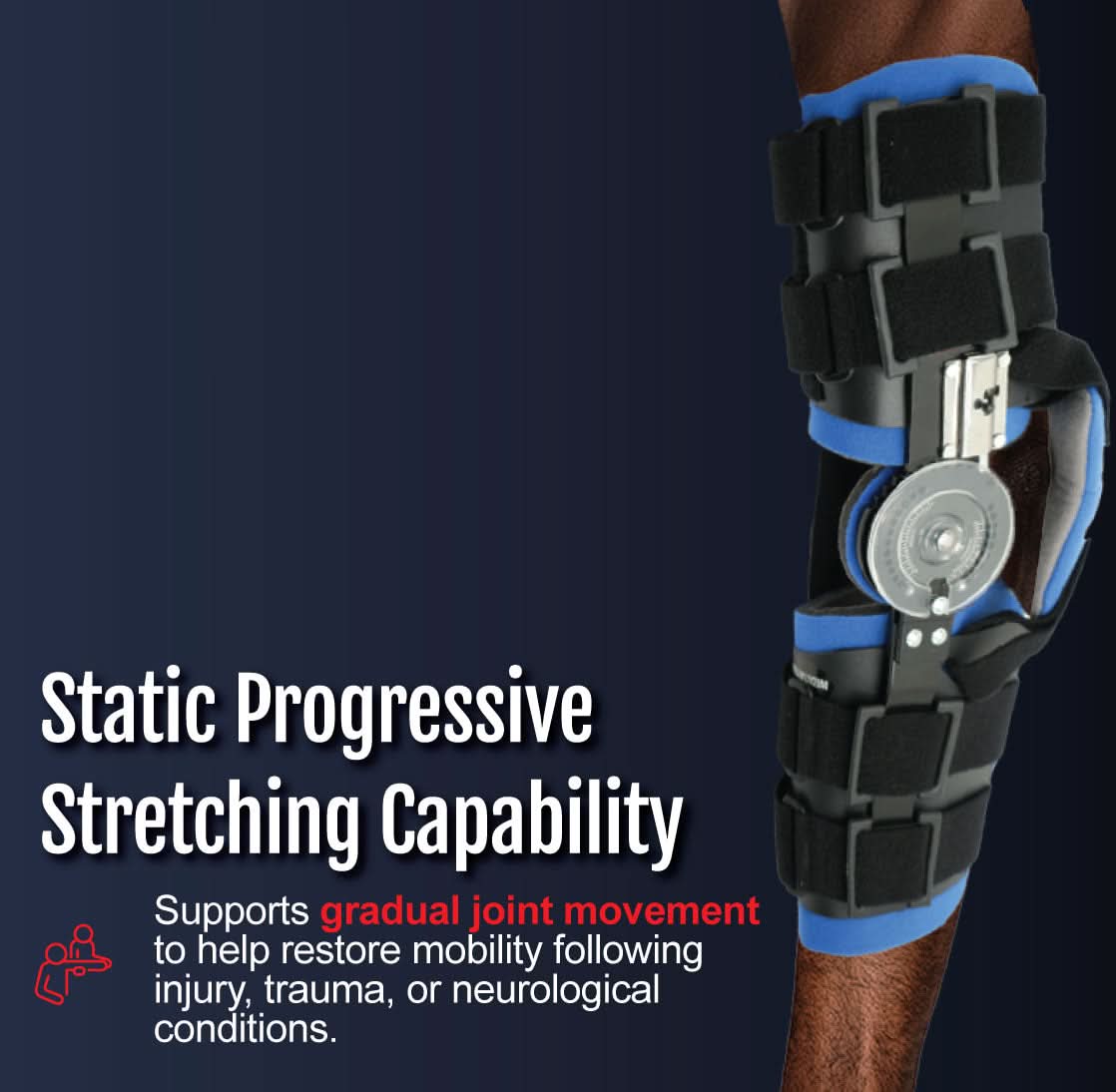 Black and blue Ratchet POP Arm Brace by RCAI on bent arm, featuring adjustable metal hinges and multiple secure straps, made .