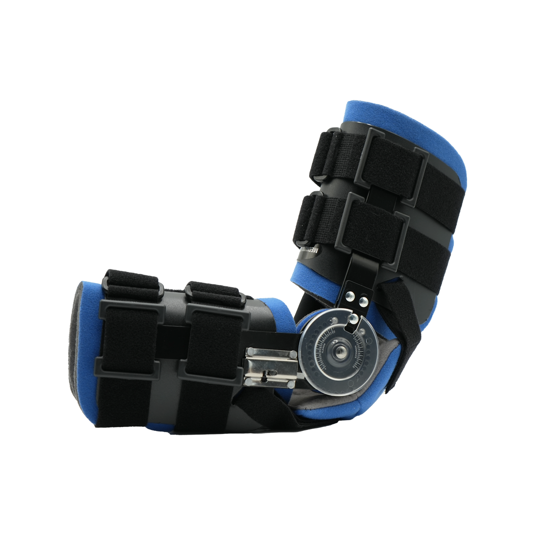 RCAI Ratchet POP Arm Brace in blue and black with metal hinge, adjustable straps, made in the USA, best orthopedic braces.