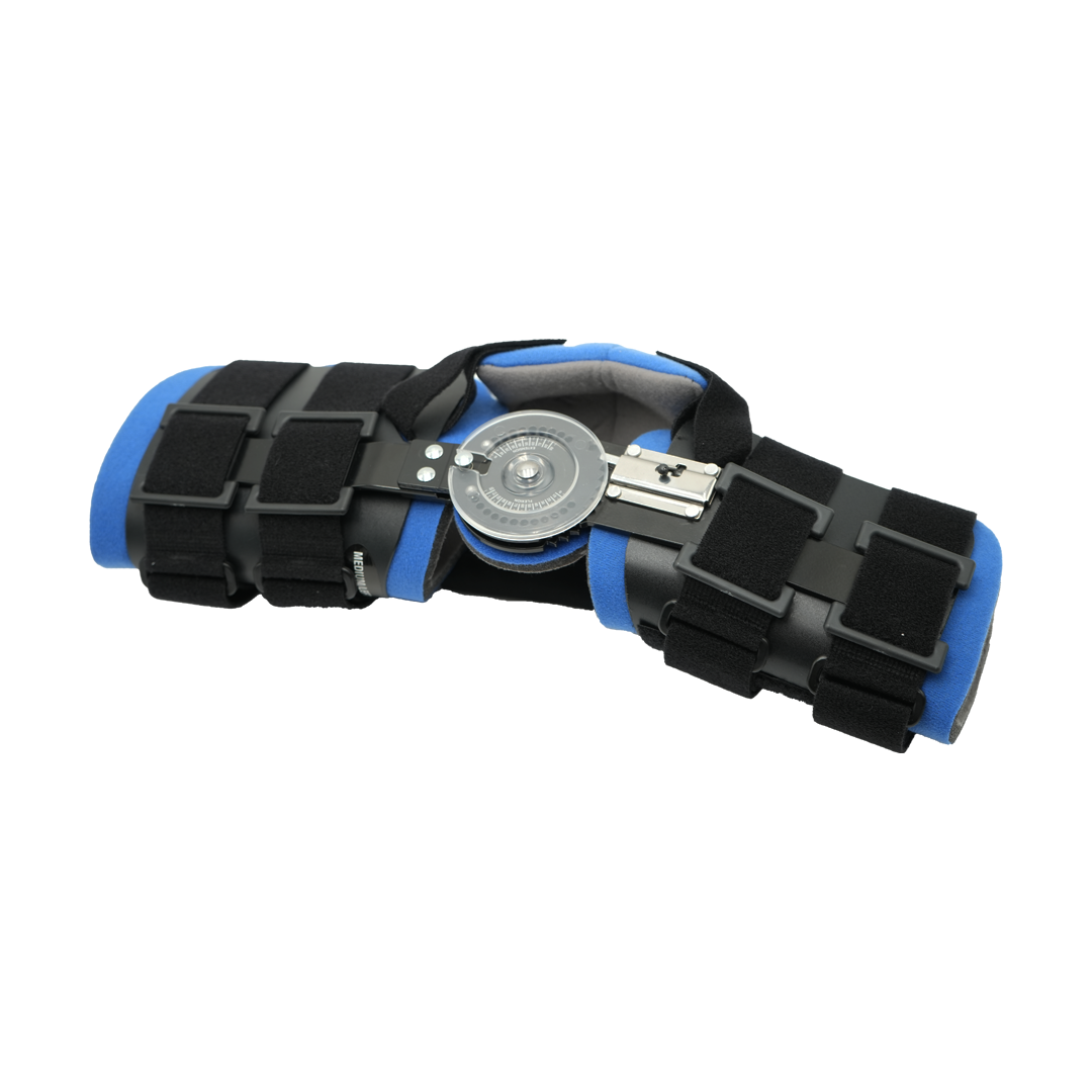 RCAI Ratchet POP Arm Brace in black and blue with adjustable straps and metal hinge, made in the USA, top choice for b2b.