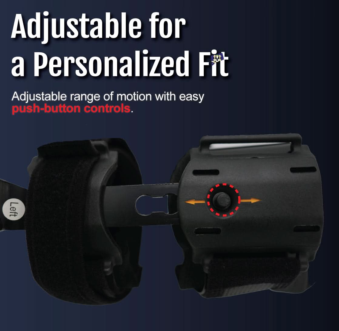Black Universal ROM Elbow Brace with adjustable push-button control, cushioned straps, made in the USA, best orthopedic.