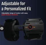 Black Universal ROM Elbow Brace with adjustable push-button control, cushioned straps, made in the USA, best orthopedic.