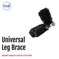 Black universal leg brace with multiple adjustable straps and metal hinges, designed for pediatric use, made in the USA,.
