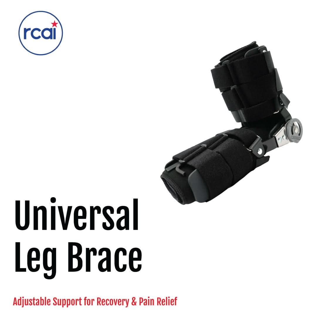 Black adjustable universal leg brace with padded straps and metal hinge for knee support, made in the USA by RCAI, b2b.
