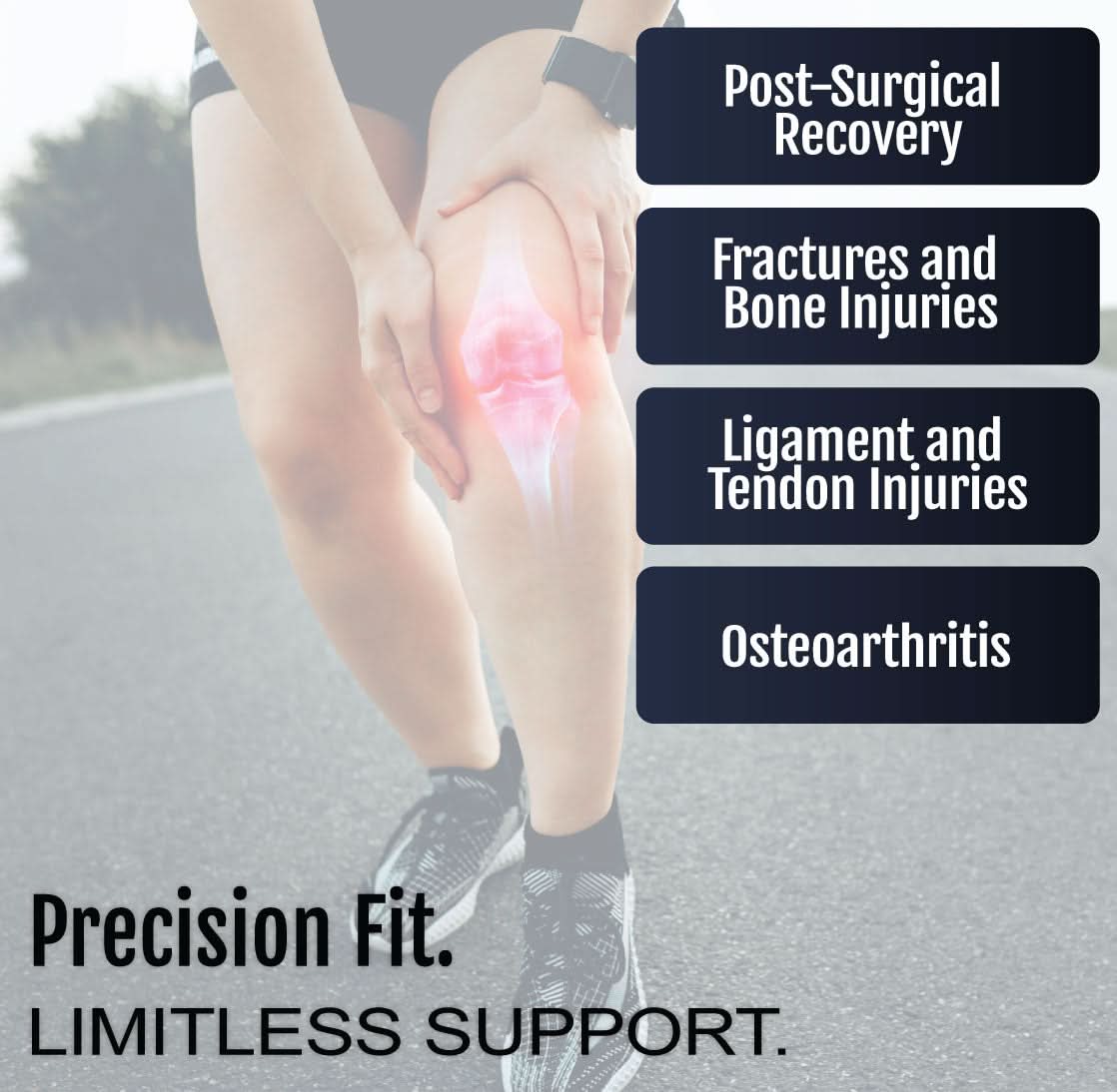 Universal leg brace worn on a bent knee with anatomical highlighting, designed for post-surgical recovery, fractures,.