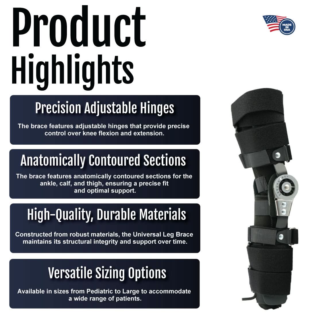 Universal leg brace in black with adjustable hinges and anatomically contoured sections, showcasing durable materials and.