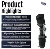 Universal leg brace in black with adjustable hinges and anatomically contoured sections, showcasing durable materials and.