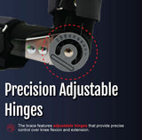 Close-up of black universal leg brace with precision adjustable metal hinge showing numbered angle settings, highlighting.