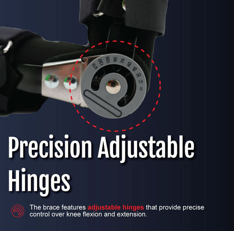 Close-up of black universal leg brace with precision adjustable metal hinge showing numbered angle settings, highlighting.