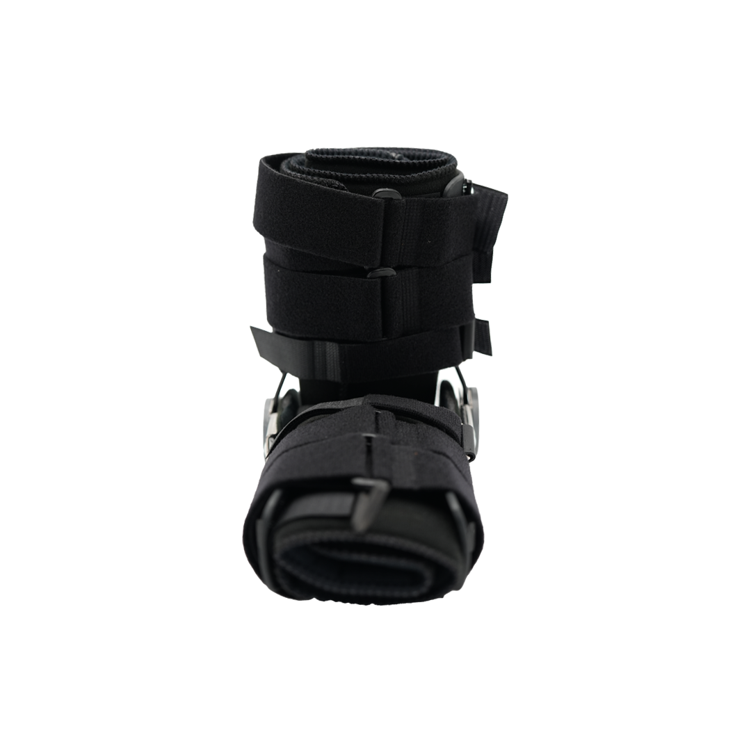 Black universal pediatric leg brace with adjustable straps and metal hinges for support, made in the USA, best orthopedic.