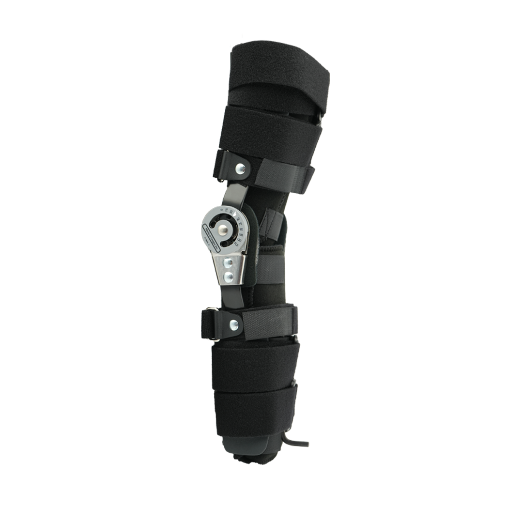 Black universal leg brace with adjustable hinge and multiple Velcro straps, made in the USA, best orthopedic braces by RCAI.