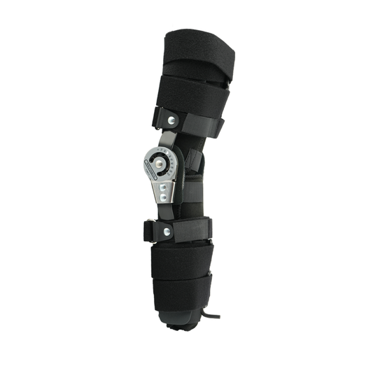 Black universal leg brace with adjustable metal hinge, padded straps, and hook-and-loop closures, designed for pediatric.