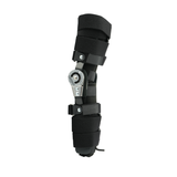 Black universal leg brace with adjustable hinges, four padded straps, and metal support bars, made in the USA, RCAI, best.