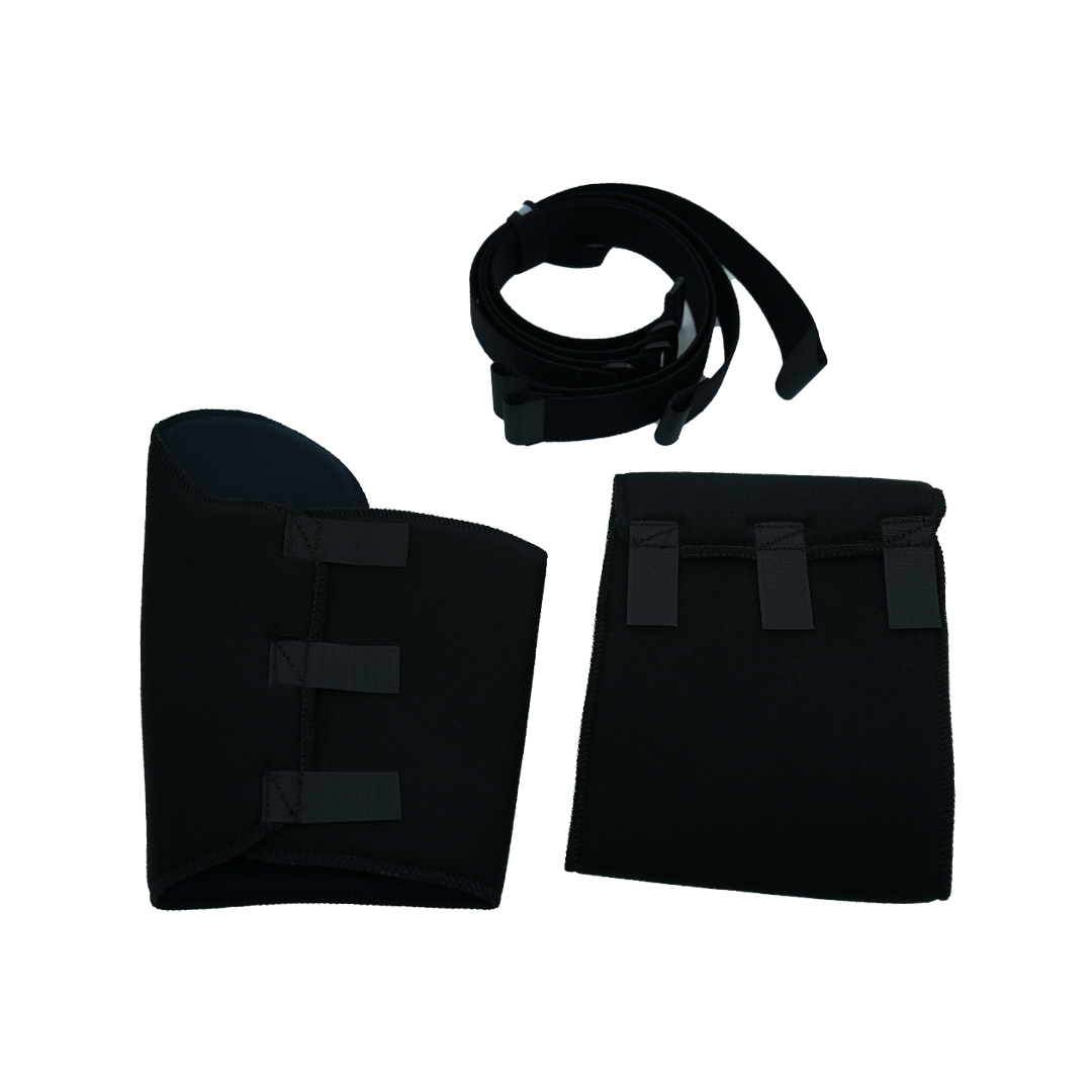 Universal arm brace accessory kit includes black padded cuff, adjustable strap, and fabric panel, made in the USA, rca i,.