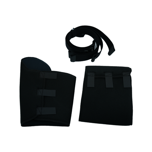 Universal arm brace accessory kit includes black padded cuff, adjustable strap, and fabric panel, made in the USA, rca i,.