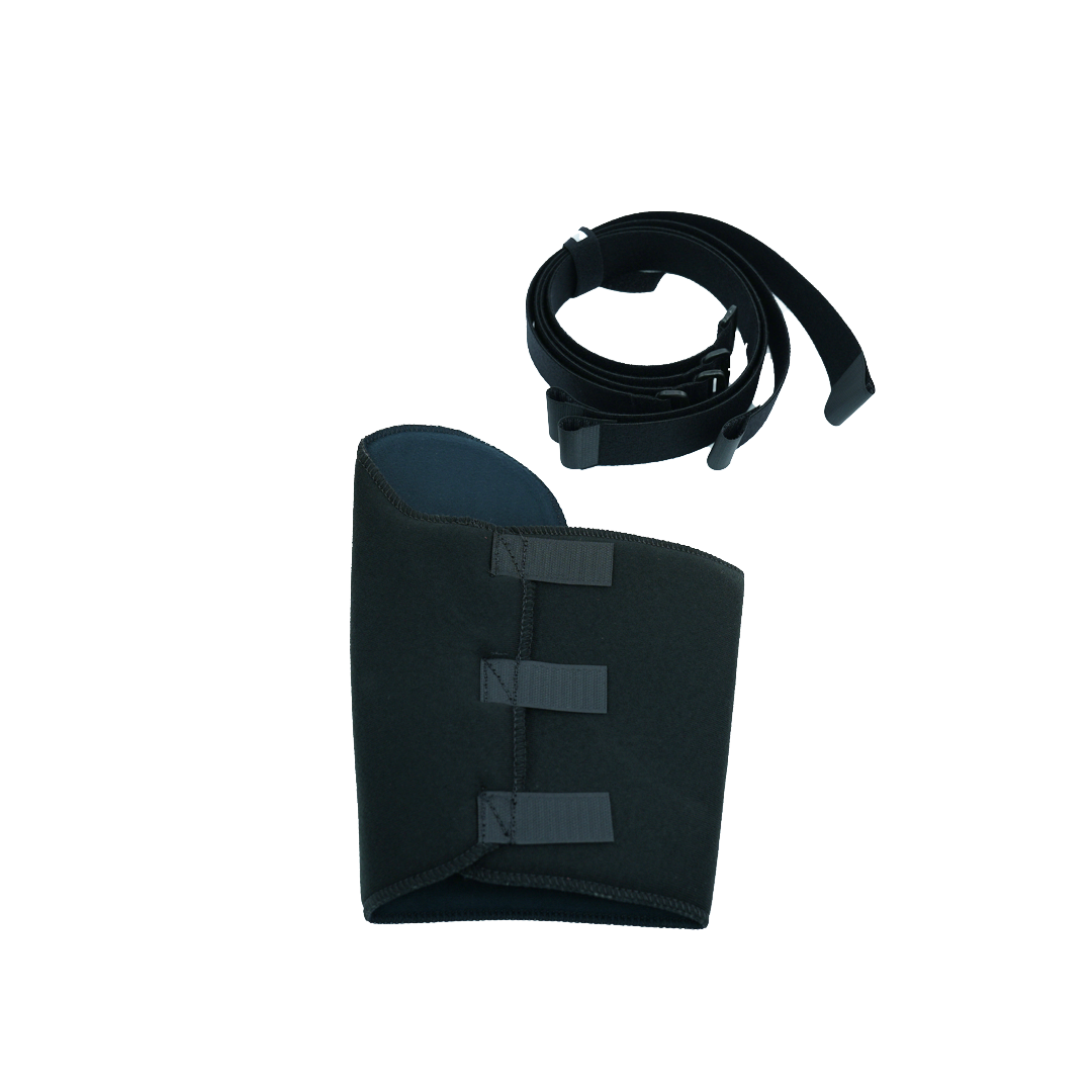 Black universal arm brace accessory kit with adjustable velcro straps and separate long black strap, made in the USA, rca,.