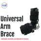 Black adjustable RCAI universal arm brace with padded support and secure Velcro straps, made in the USA, ideal for B2B.